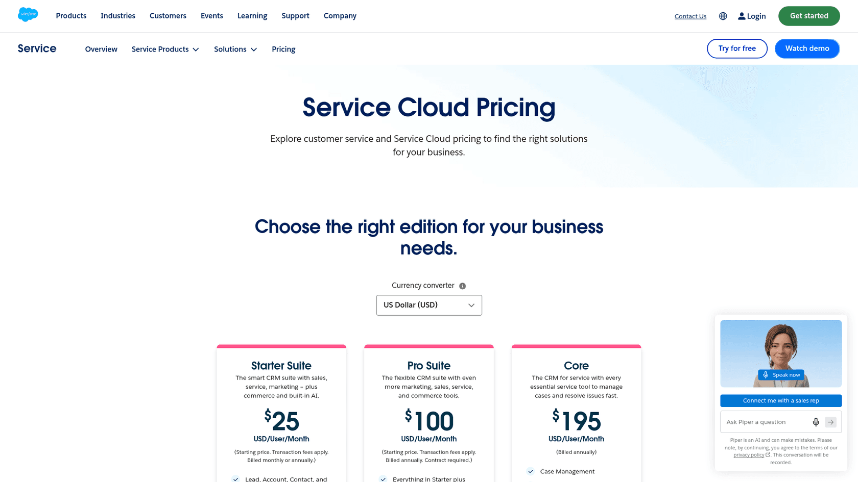 Salesforce's Service Cloud pricing page, as taken from Salesforce.