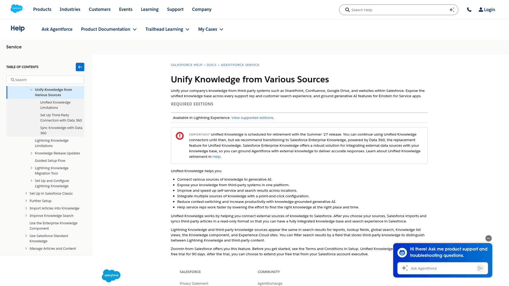Salesforce Help page for Unified Knowledge, with the retirement notice at the top, as taken from Salesforce Help