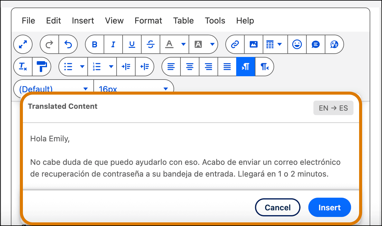 Salesforce email composer showing a Translated Content preview of an English reply rendered in Spanish, with Cancel and Insert buttons, as taken from Salesforce Help