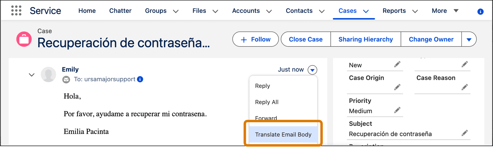 Salesforce case feed showing a Spanish password reset email with the Translate Email Body option highlighted in the email menu, as taken from Salesforce Help
