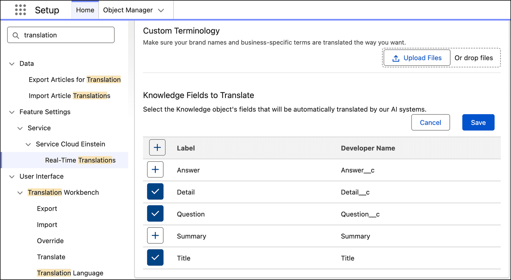 Salesforce Setup page for AI Knowledge Translations showing a Custom Terminology upload area and a Knowledge Fields to Translate list with Detail, Question and Title selected, as taken from Salesforce Help