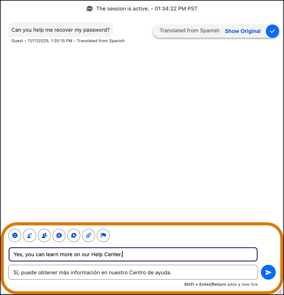 Salesforce Enhanced Conversation component showing a customer message translated from Spanish with a Show Original link, and the rep's English reply previewed in Spanish above the send button, as taken from Salesforce Help