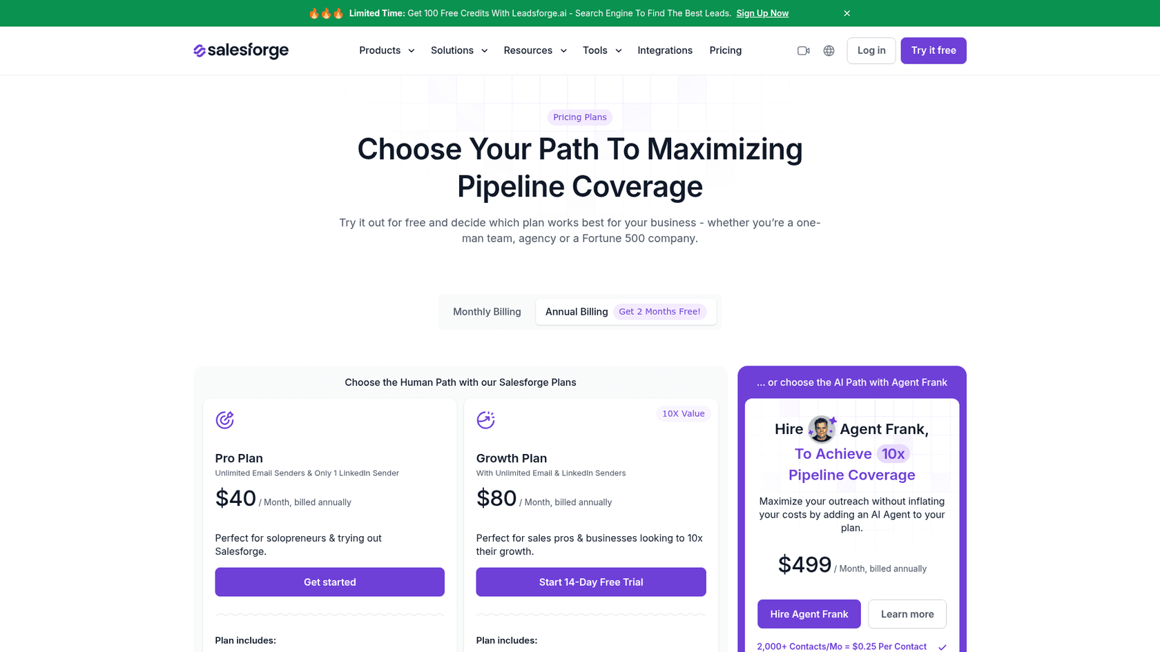 Salesforge's pricing page with the Pro and Growth plans and Agent Frank, as taken from Salesforge