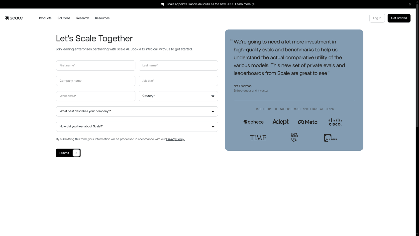Scale AI's pricing page in October 2026, a book-a-call form, as taken from Scale