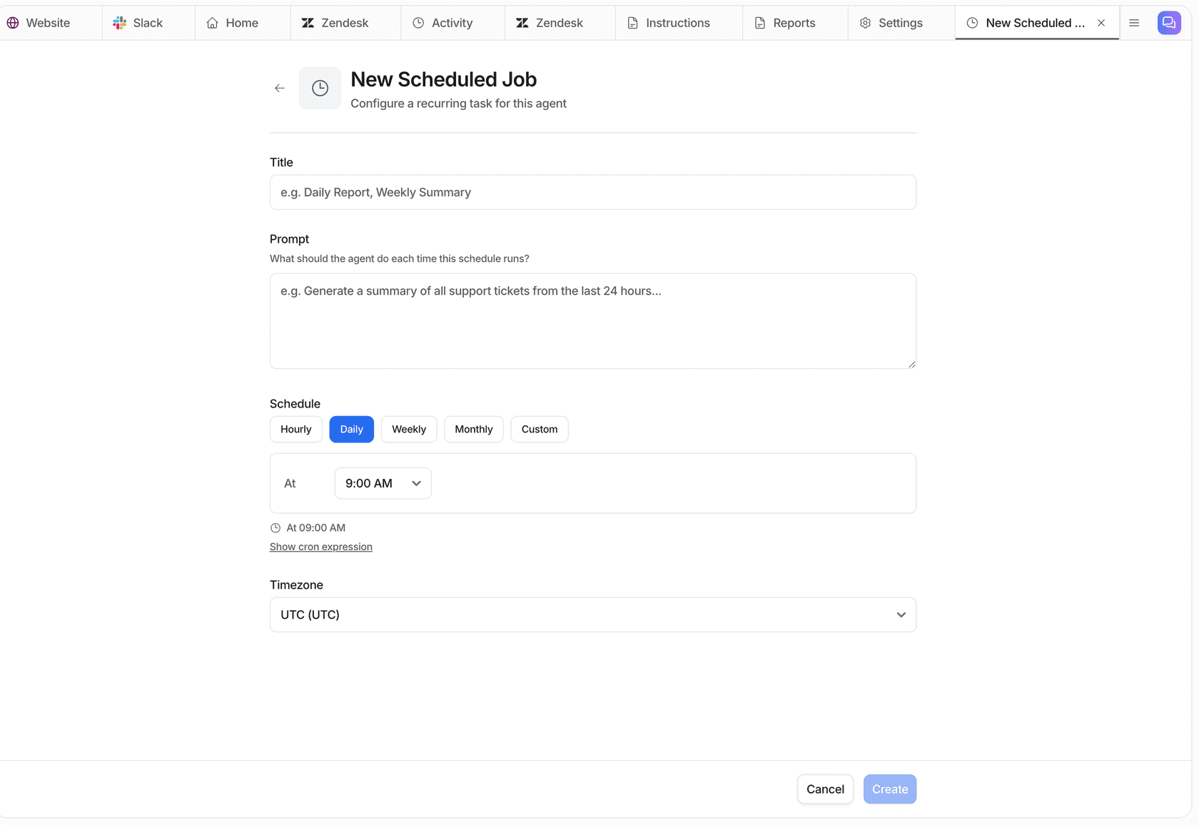 eesel New Scheduled Job form with a title, a prompt such as a summary of the last 24 hours of tickets, and daily, weekly or monthly timing