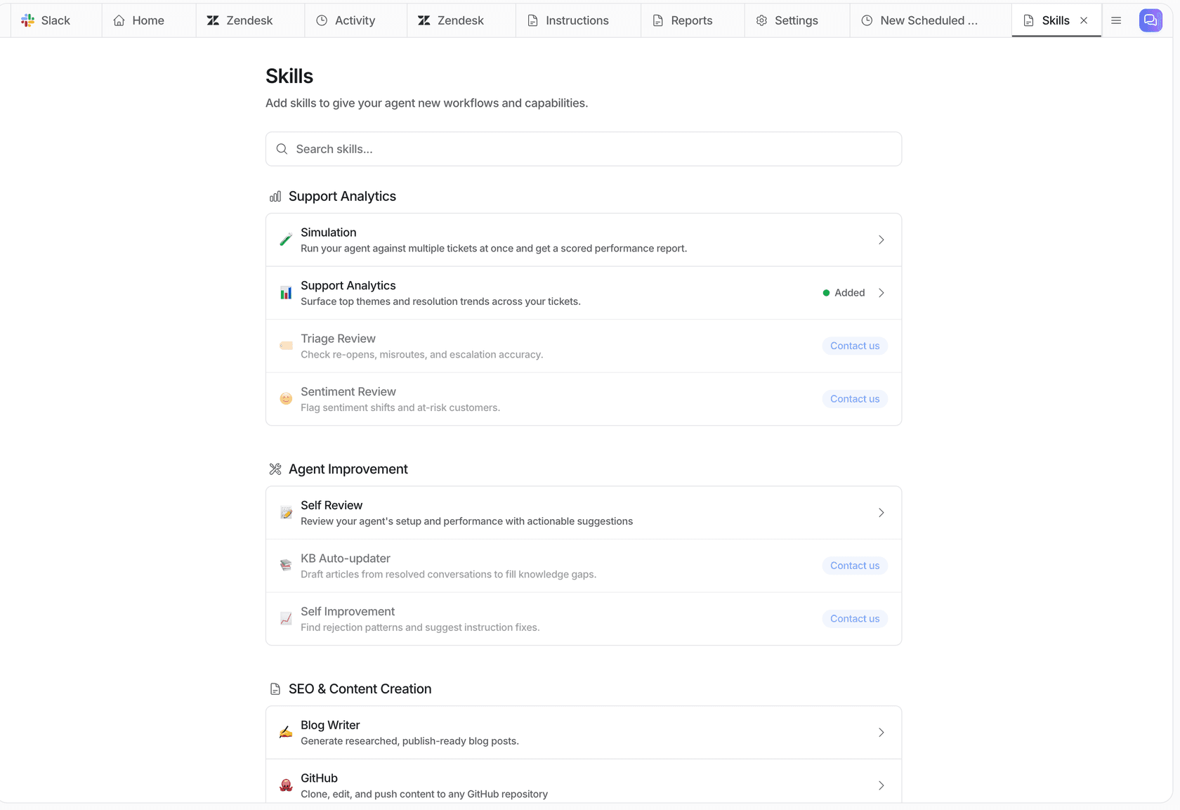 eesel Skills page listing Simulation and Support Analytics skills for surfacing top themes and resolution trends