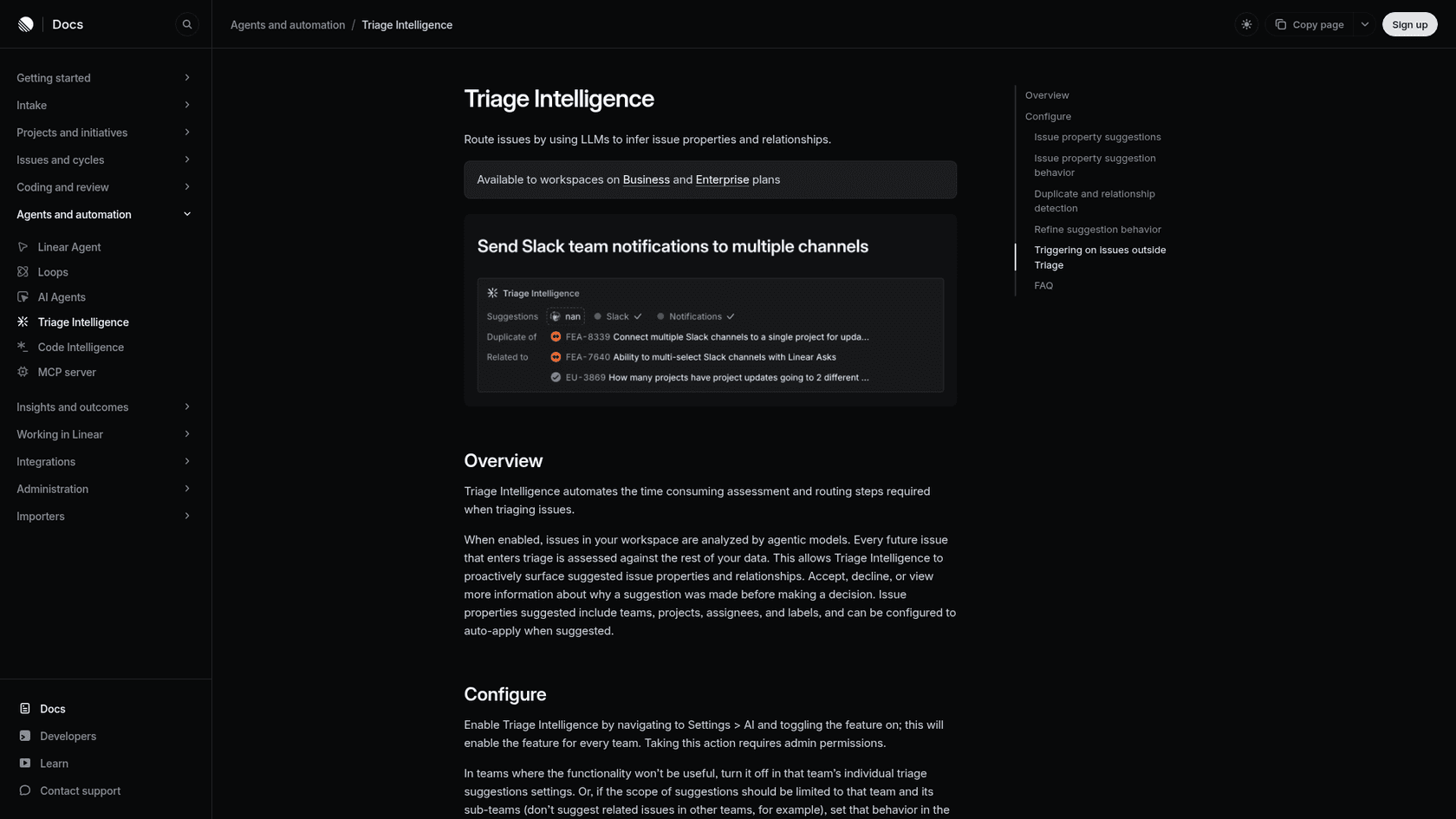 Linear's Triage Intelligence docs page showing suggested duplicate and related issues on an issue in triage, as taken from Linear