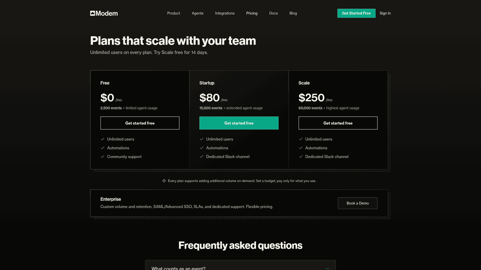 Modem's pricing page with a free plan, Startup at $80 a month for 15,000 events and Scale at $250 a month for 60,000 events, as taken from Modem