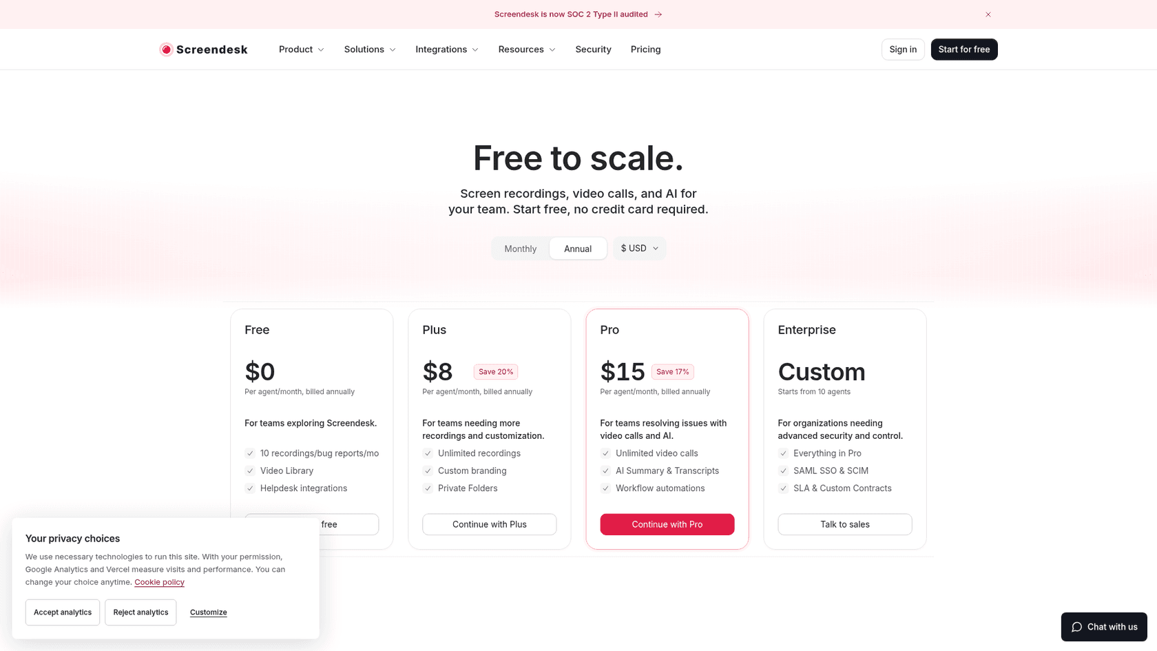 Screendesk's pricing page with Free, Plus at $8 and Pro at $15 per agent per month billed annually, and a custom Enterprise plan, as taken from Screendesk