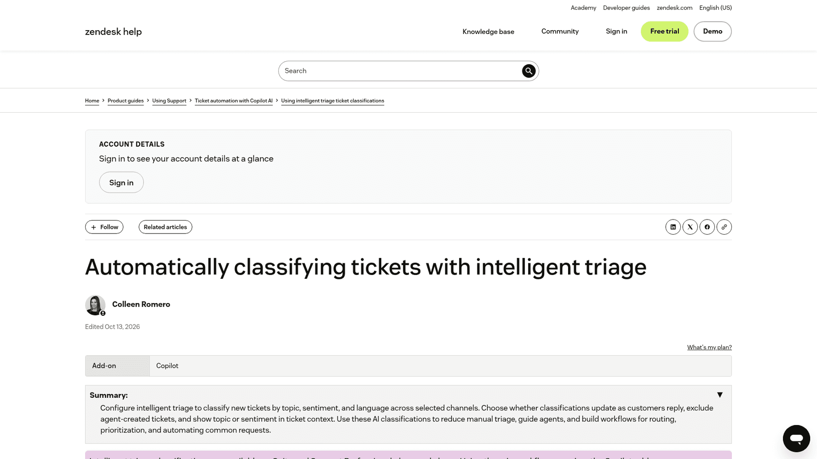 Zendesk help center article on automatically classifying tickets with intelligent triage, showing the Copilot add-on requirement, as taken from Zendesk