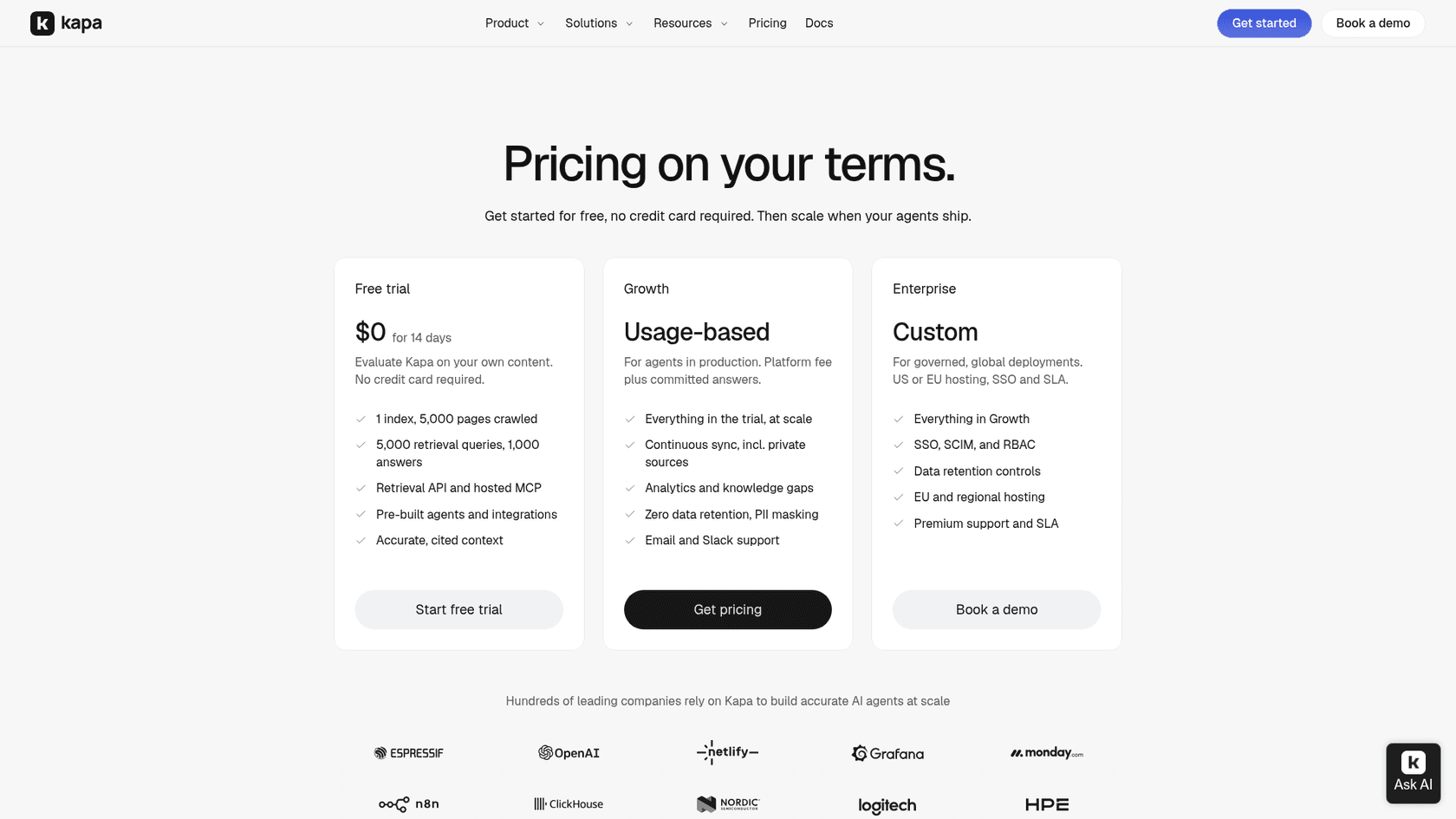 kapa.ai's pricing page showing a free 14-day trial, a usage-based Growth plan and a custom Enterprise plan, as taken from kapa.ai
