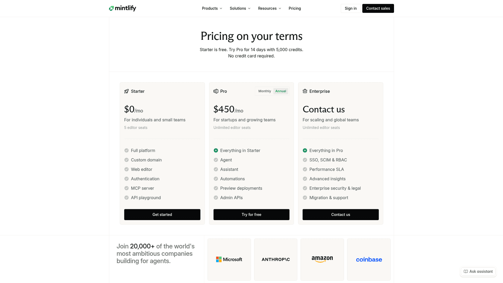 Mintlify's pricing page showing a free Starter plan, Pro at $450 per month and a custom Enterprise plan, as taken from Mintlify