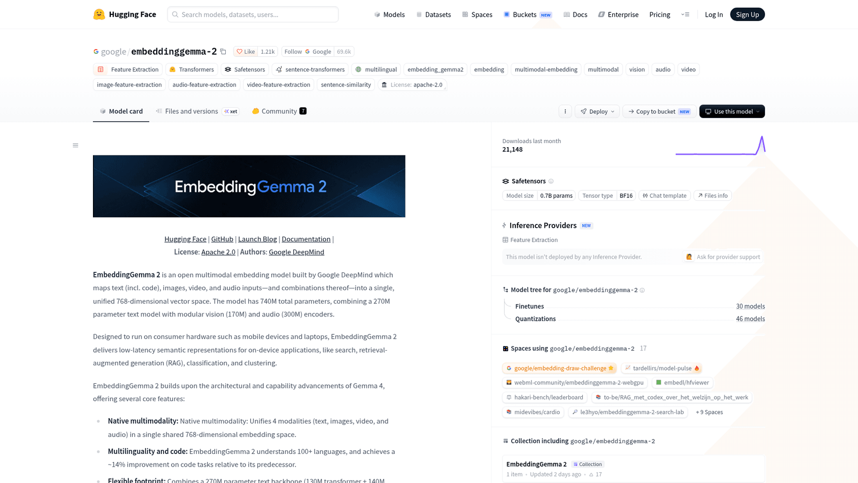EmbeddingGemma 2 model card on Hugging Face, showing the Apache 2.0 license tag, 0.7B params in BF16, and 21,148 downloads last month, as taken from Hugging Face