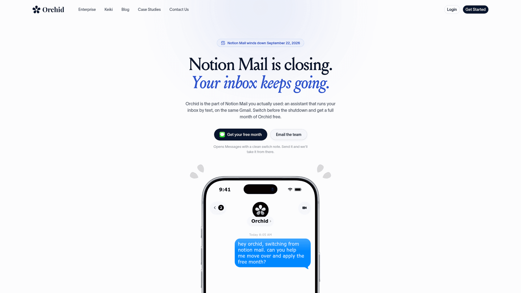 Orchid's Notion Mail switch page, headed "Notion Mail is closing. Your inbox keeps going," offering switchers a free month on the same Gmail, as captured from orchid.ai
