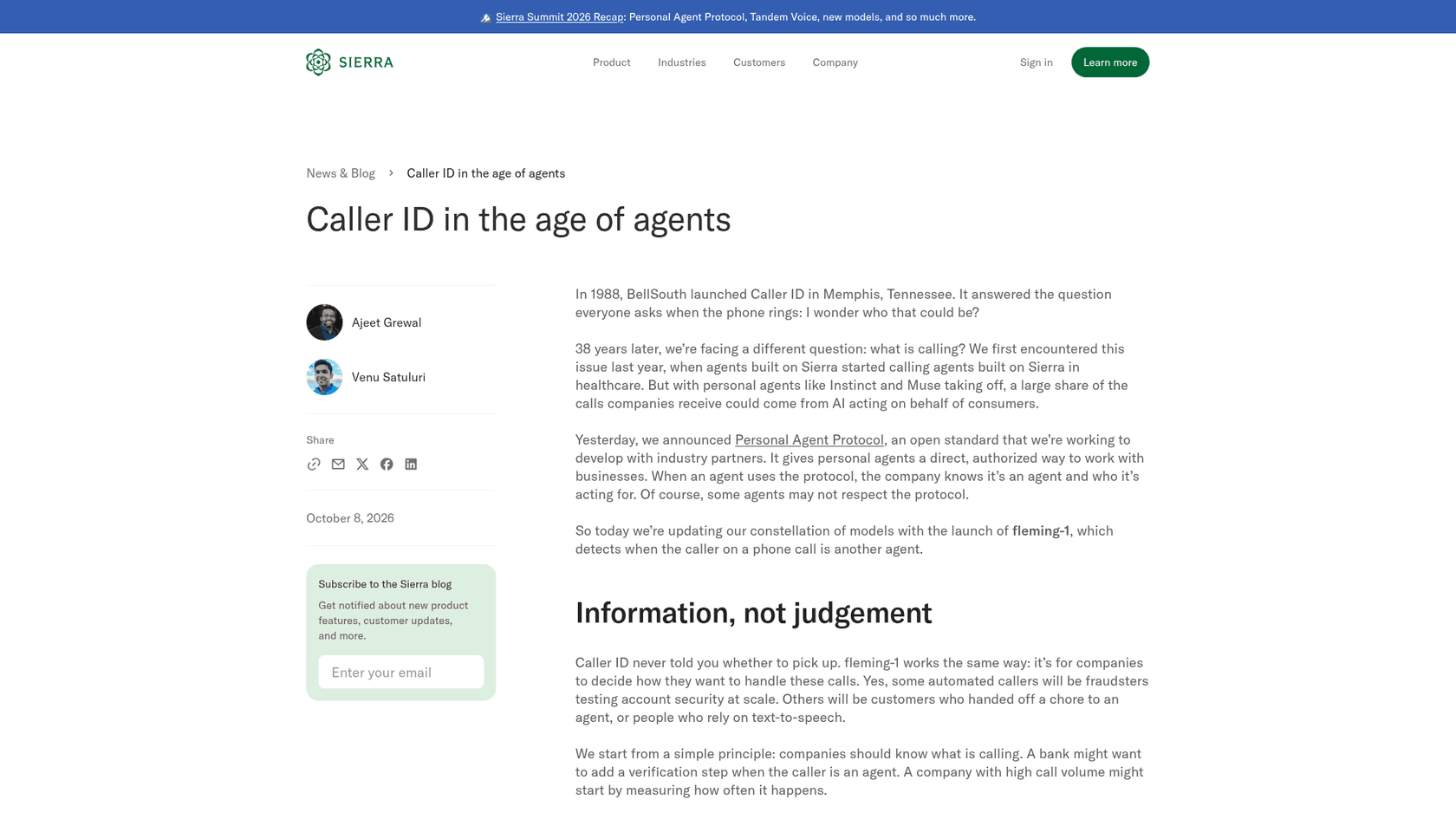 Sierra's announcement post for fleming-1, titled Caller ID in the age of agents, as taken from Sierra's blog