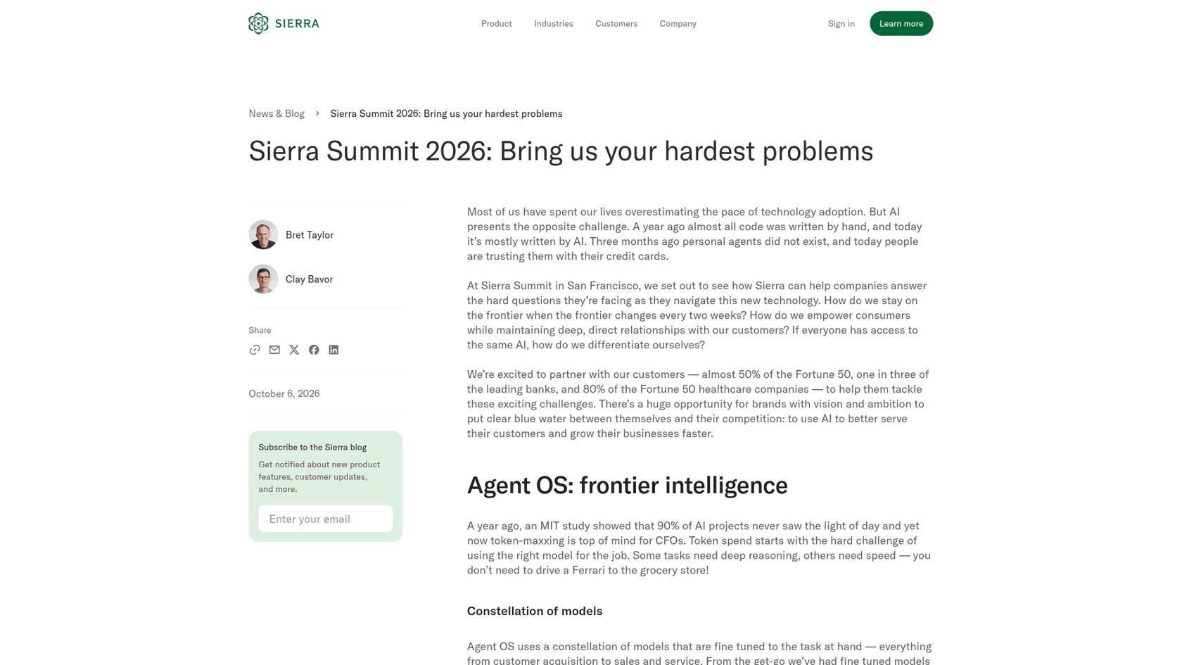 Sierra Summit 2026 recap, where Sierra introduced Fleming and Curie as new models in its Agent OS, as taken from Sierra's blog