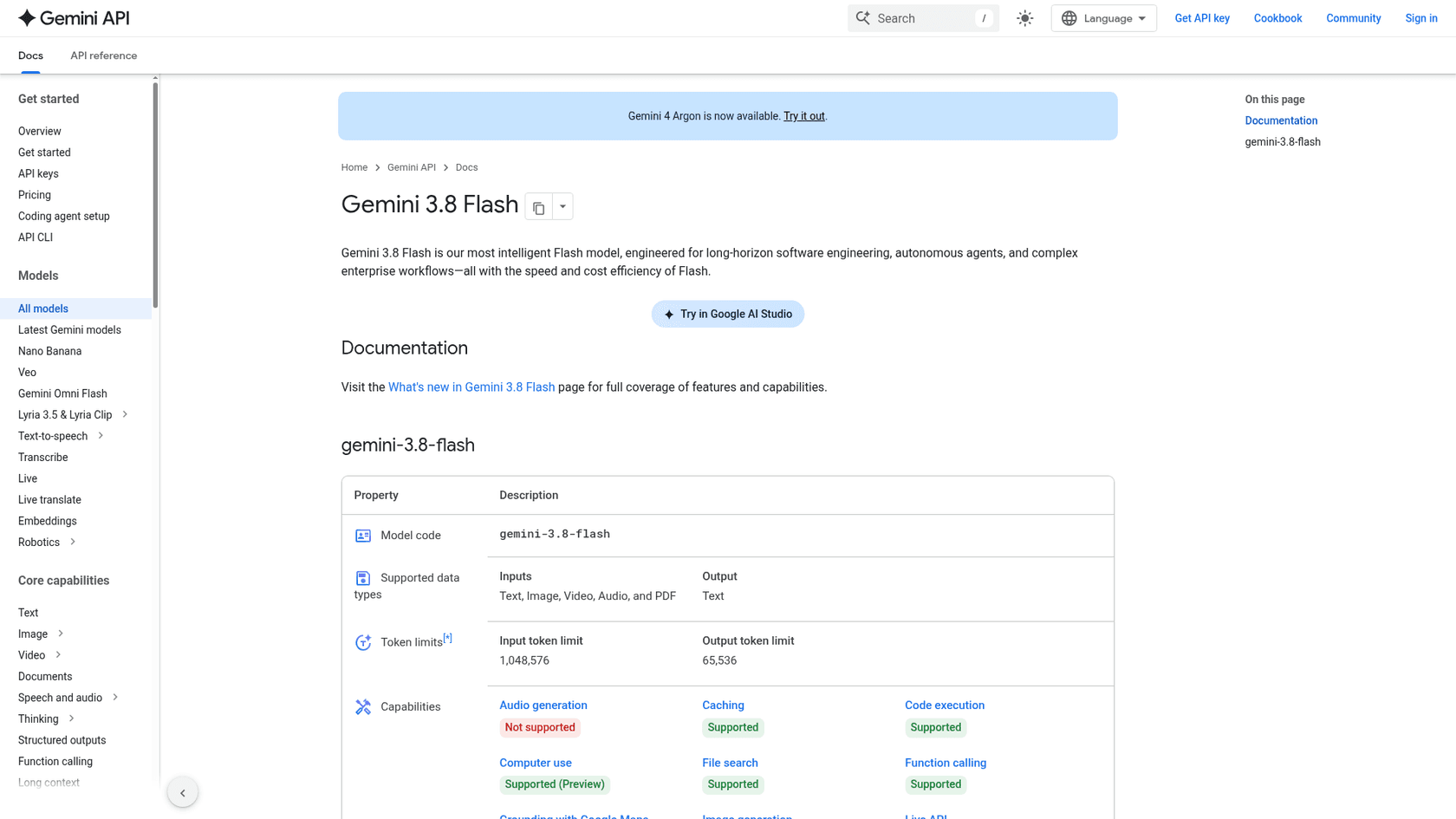 The Gemini API docs page for Gemini 3.8 Flash, listing the model code, supported text, image, video, audio and PDF inputs, the token limits and its capabilities, as taken from the Gemini API docs
