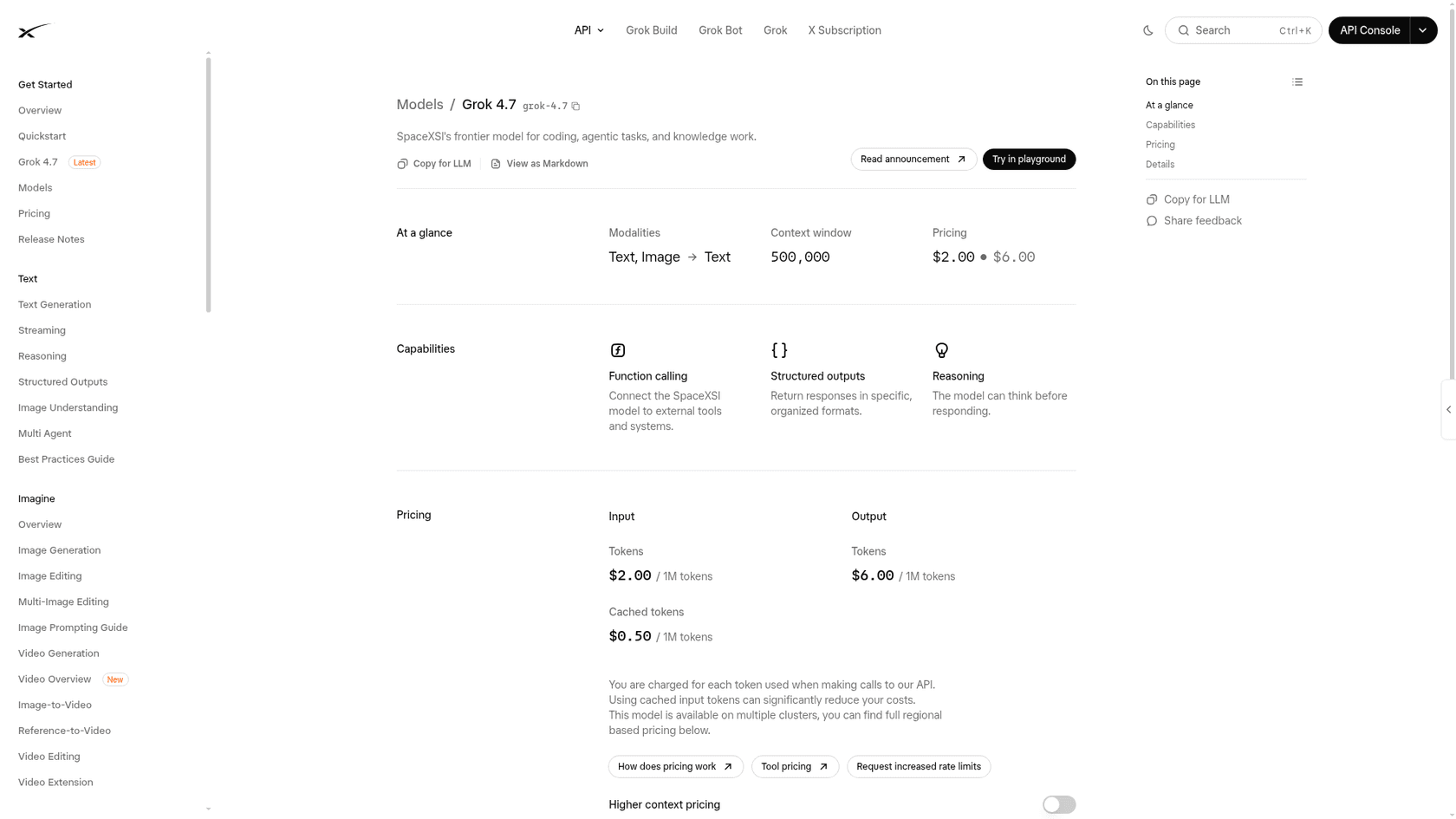 The xAI docs page for Grok 4.7, showing the model id, text and image input, a 500,000-token context window and $2.00 input and $6.00 output prices, as taken from xAI Docs