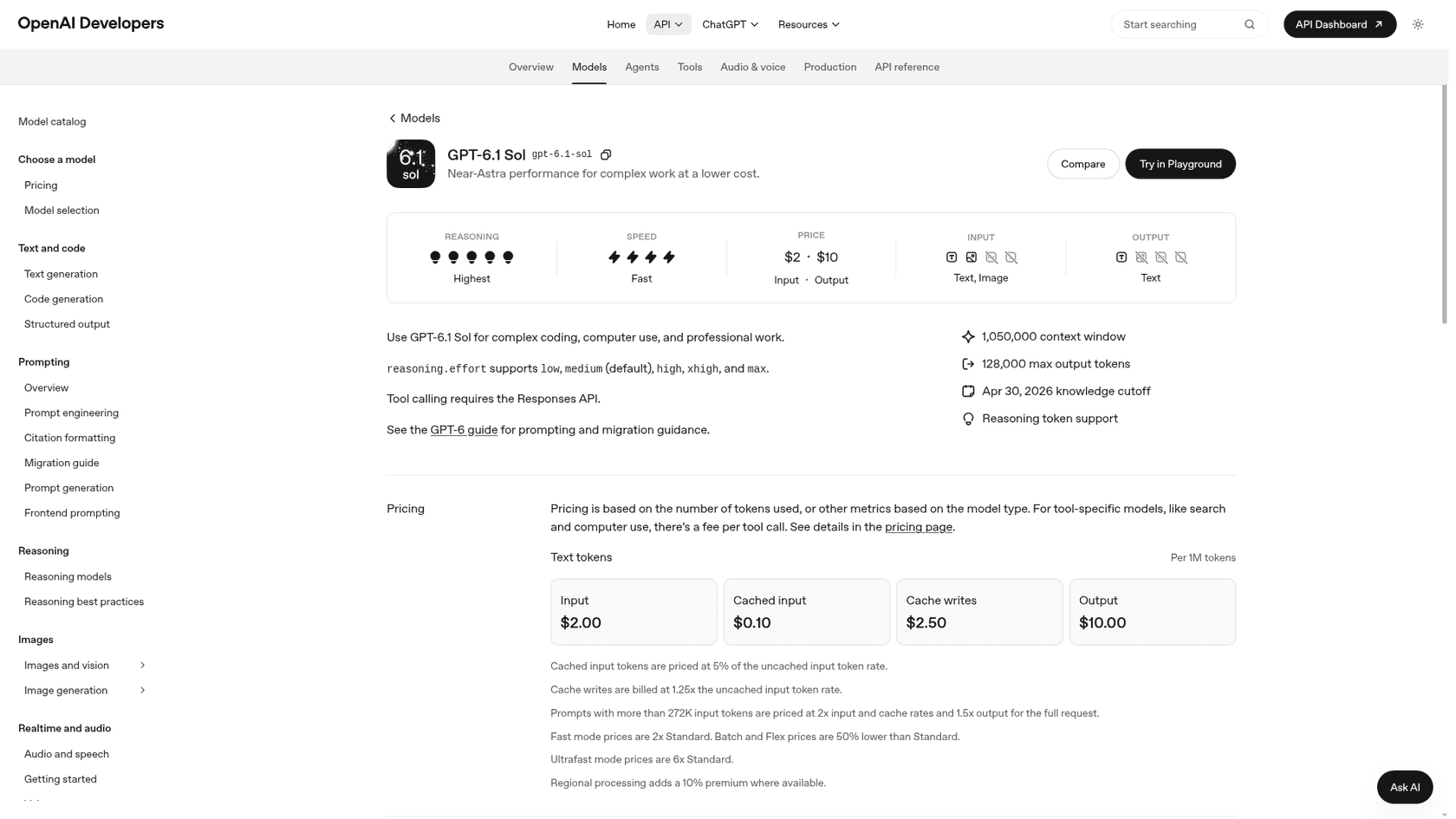 The GPT-6.1 Sol model page on OpenAI Developers, showing the $2 input, $0.10 cached and $10 output prices, the 1,050,000-token context window and the reasoning effort options, as taken from OpenAI Developers