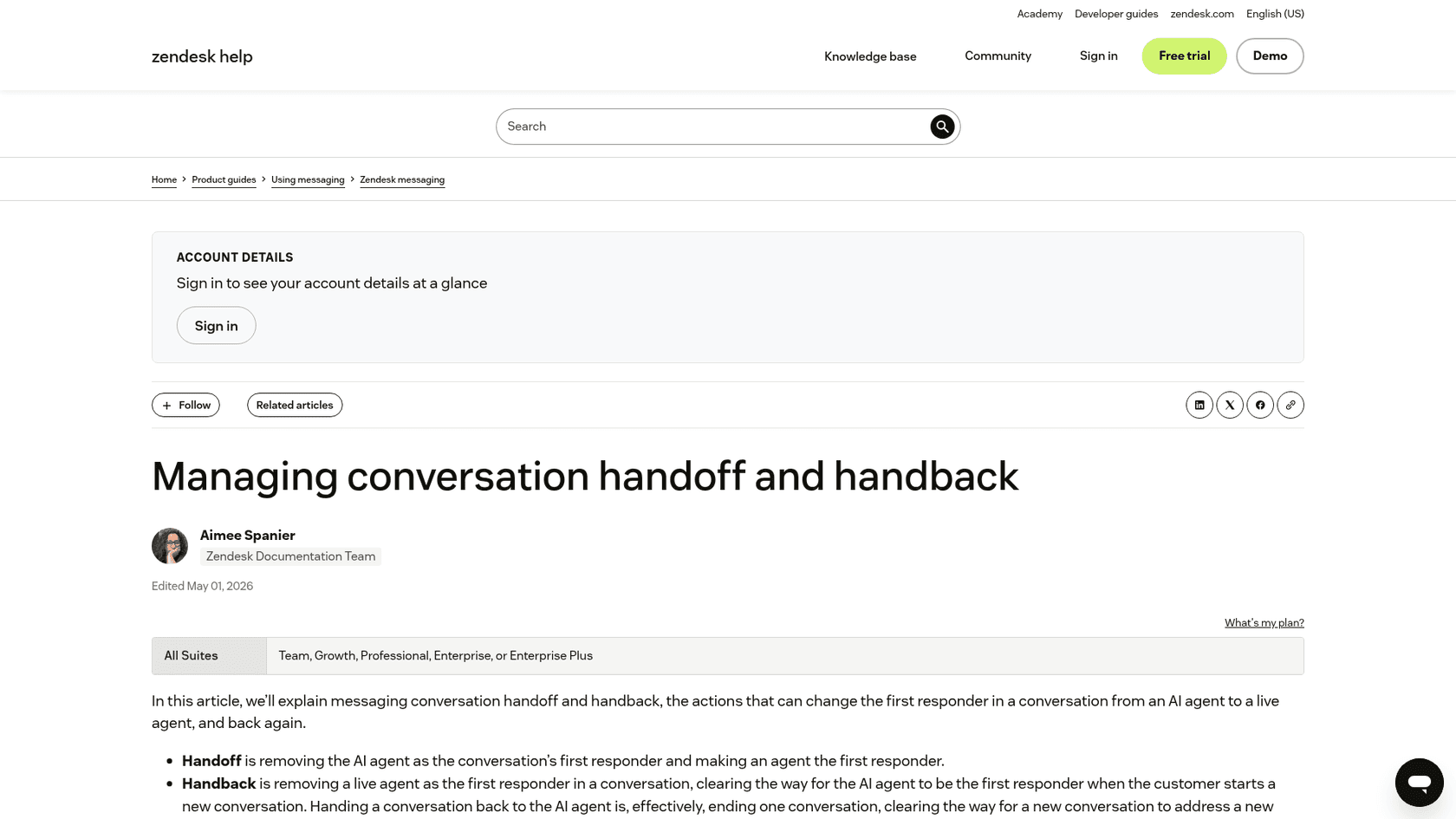 Zendesk-Help-Center-Artikel zur Verwaltung von Übergabe und Rückgabe von Gesprächen, der Übergabe und Rückgabe definiert, aus dem Zendesk-Support