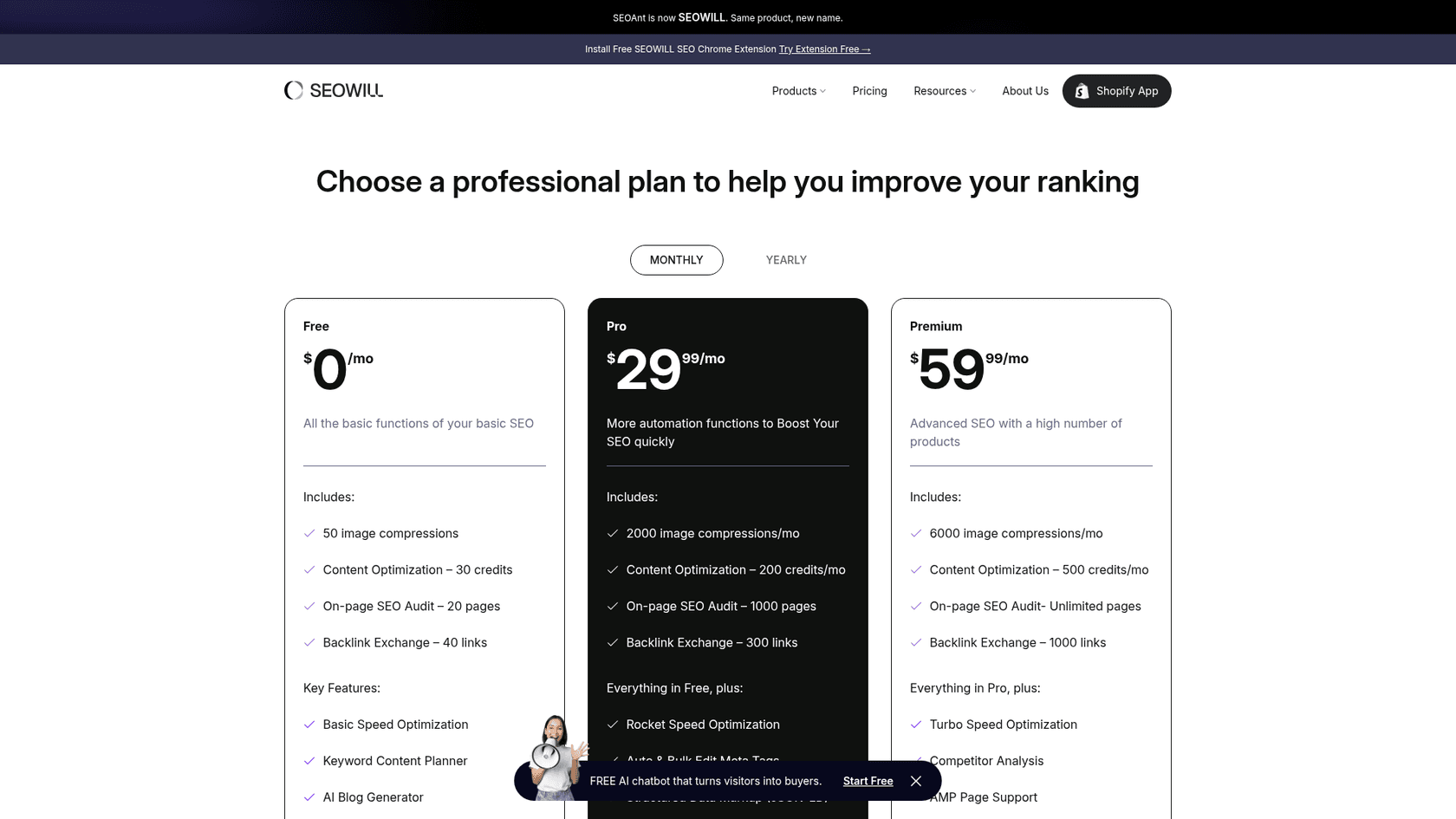 SEOAnt's pricing page, now branded SEOWILL, as taken from SEOWILL