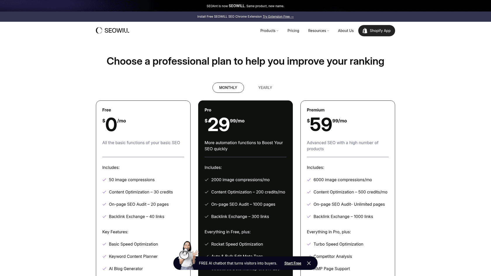 SEOWILL pricing page noting that SEOAnt is now SEOWILL, as taken from SEOWILL pricing