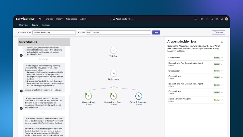 Incident INC0010566 を解くために複数の AI エージェントが協調する ServiceNow AI Agent Studio のテストビュー