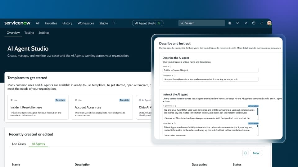Incident Resolution と Account Access のテンプレート、エージェントの役割と指示パネルを並べた AI Agent Studio の概観