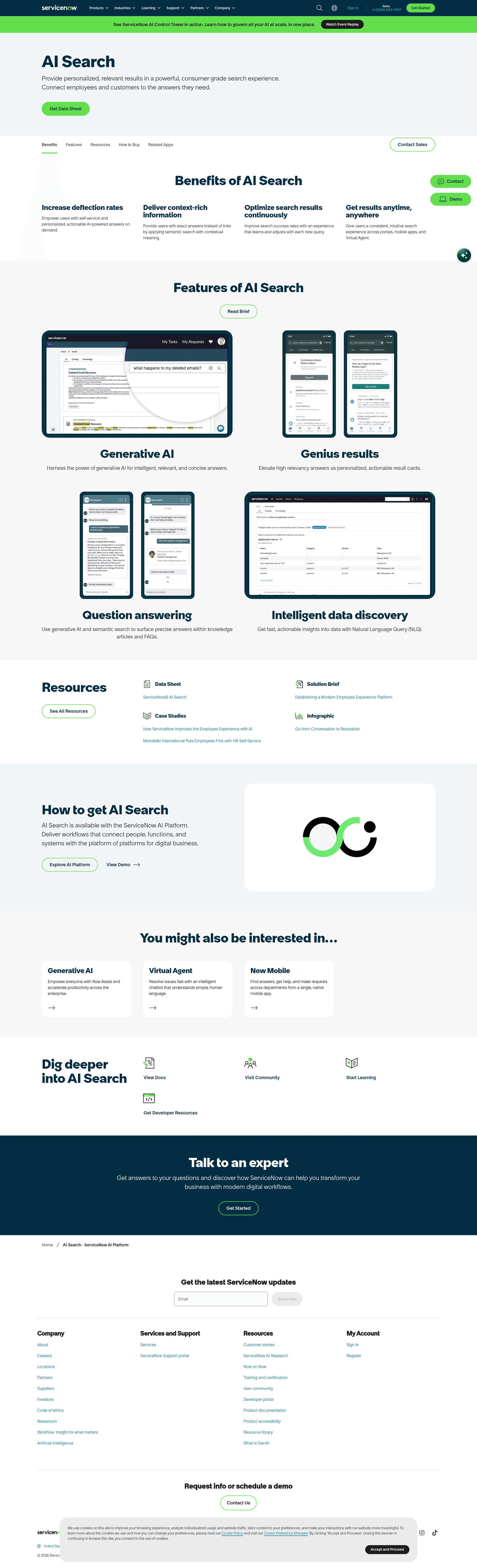 ServiceNow's AI Search product page showing generative AI answers, Genius results, question answering and data discovery, as taken from ServiceNow