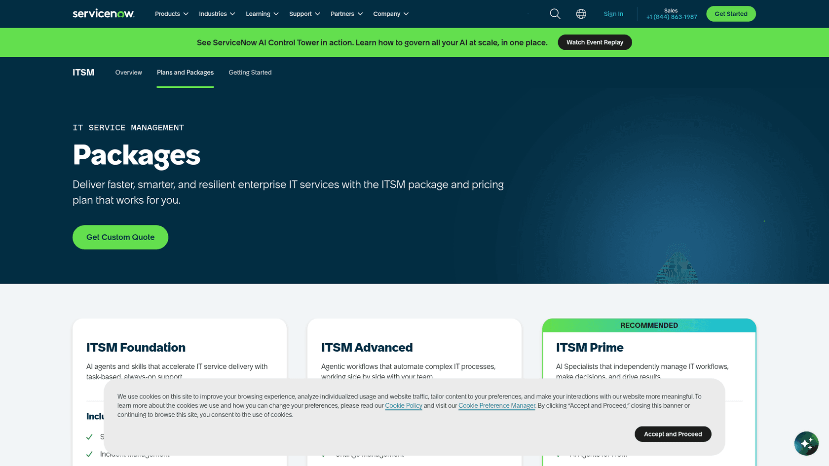 ServiceNow ITSM packages page with a Get Custom Quote button instead of listed prices, as taken from ServiceNow