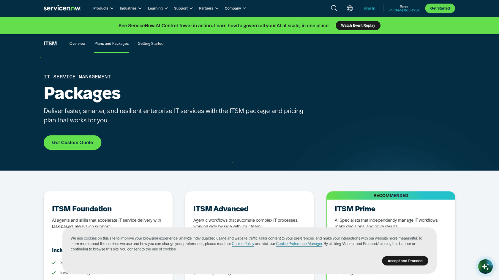 ServiceNow's ITSM packages page showing Foundation, Advanced and Prime with a Get Custom Quote button, as taken from ServiceNow