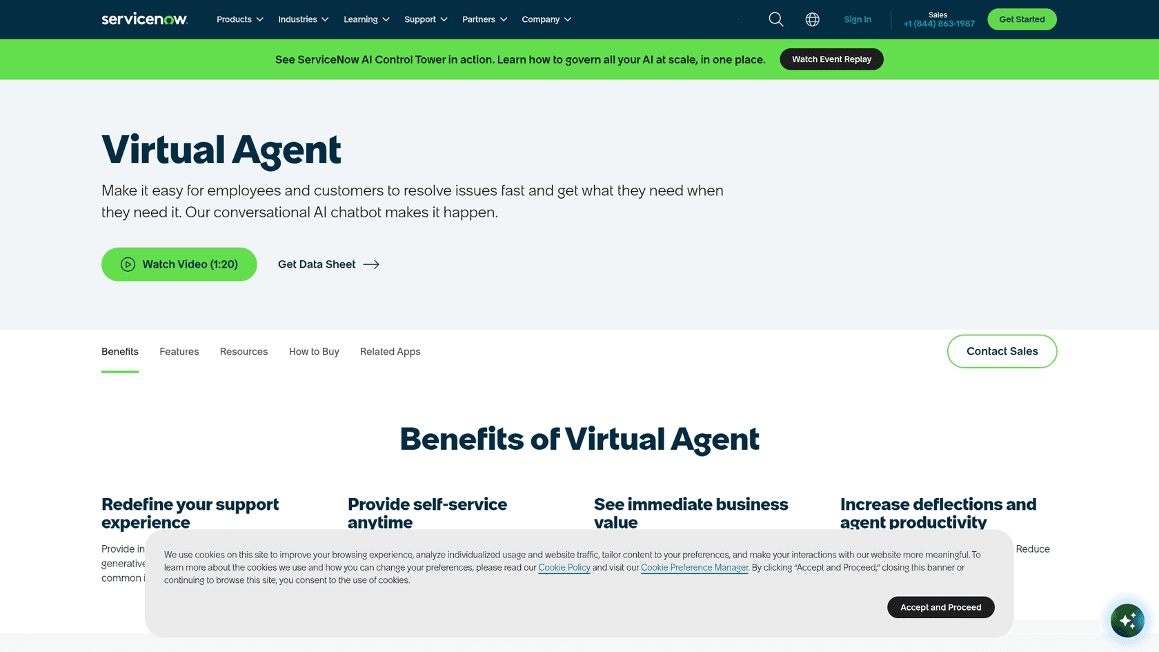 ServiceNow's Virtual Agent product page, as taken from ServiceNow