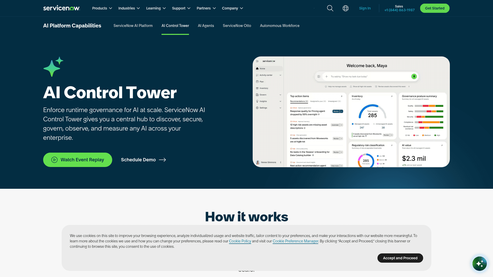 The ServiceNow AI Control Tower product page, showing a dashboard with AI asset inventory, governance posture, and AI value tiles, as taken from ServiceNow