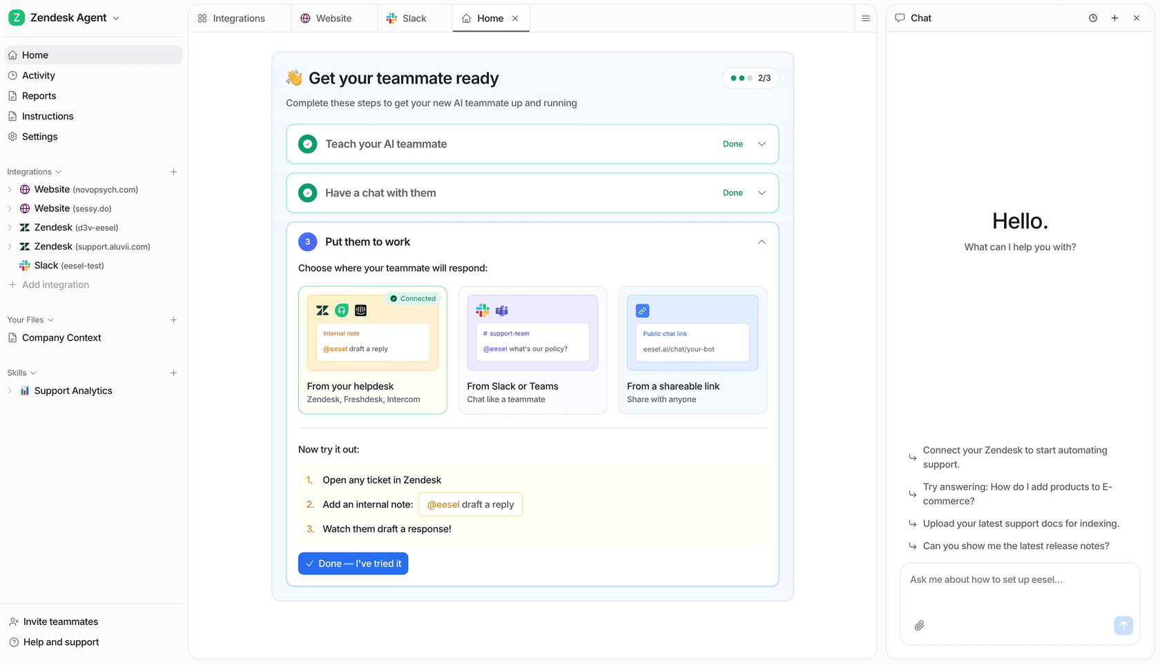A screenshot of the eesel AI landing page, showcasing its modern and user-friendly interface as an alternative to complex platforms.