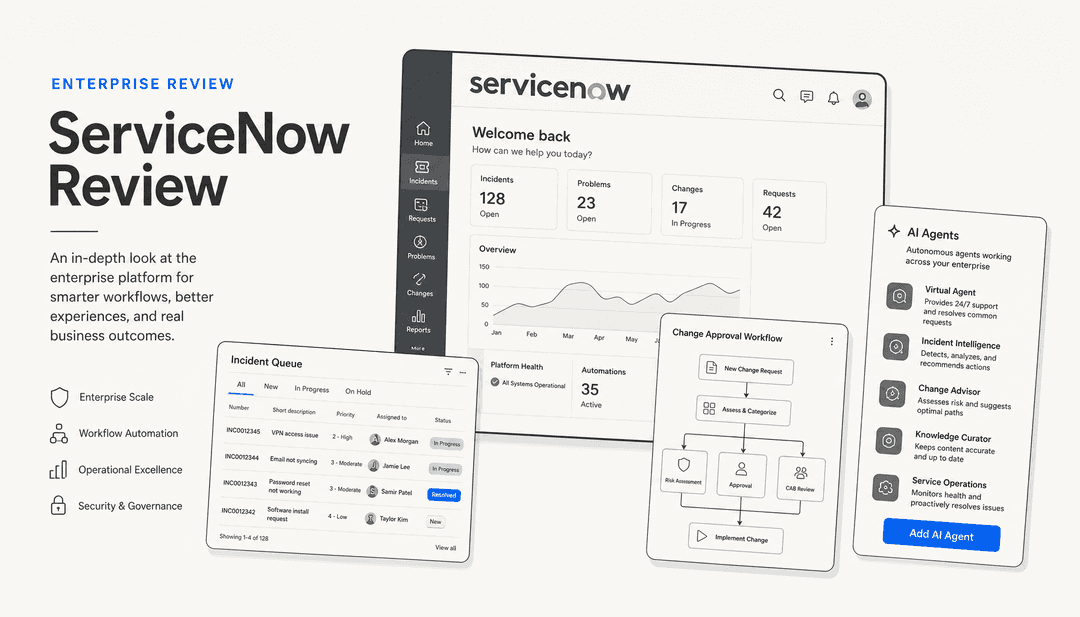 ServiceNow ワークフローパネルを積み重ね、eesel ブルーのアクセントを1か所だけ配したエンタープライズソフトウェアレビュー風のエディトリアル・イラスト
