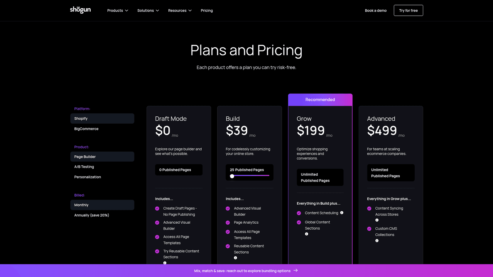 Shogun Page Builder pricing with Draft Mode, Build, Grow and Advanced plans, as captured from Shogun