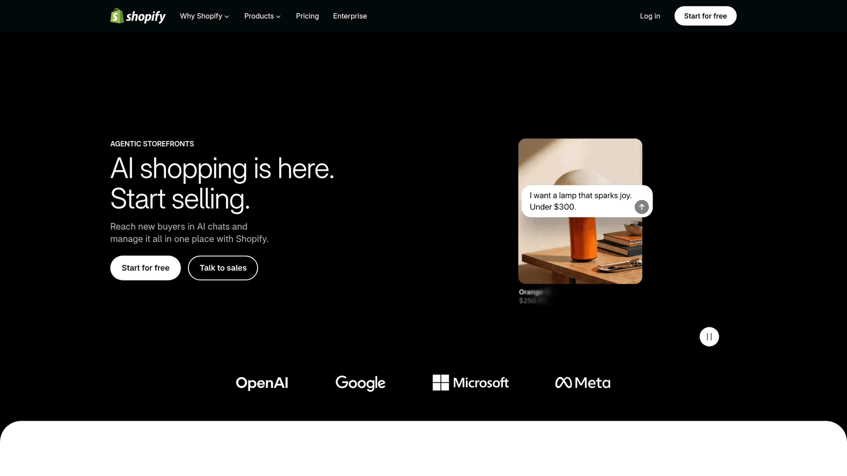 Shopify's Agentic Storefronts page, which pitches selling in ChatGPT, Gemini and other AI chats from one Shopify admin, as taken from Shopify