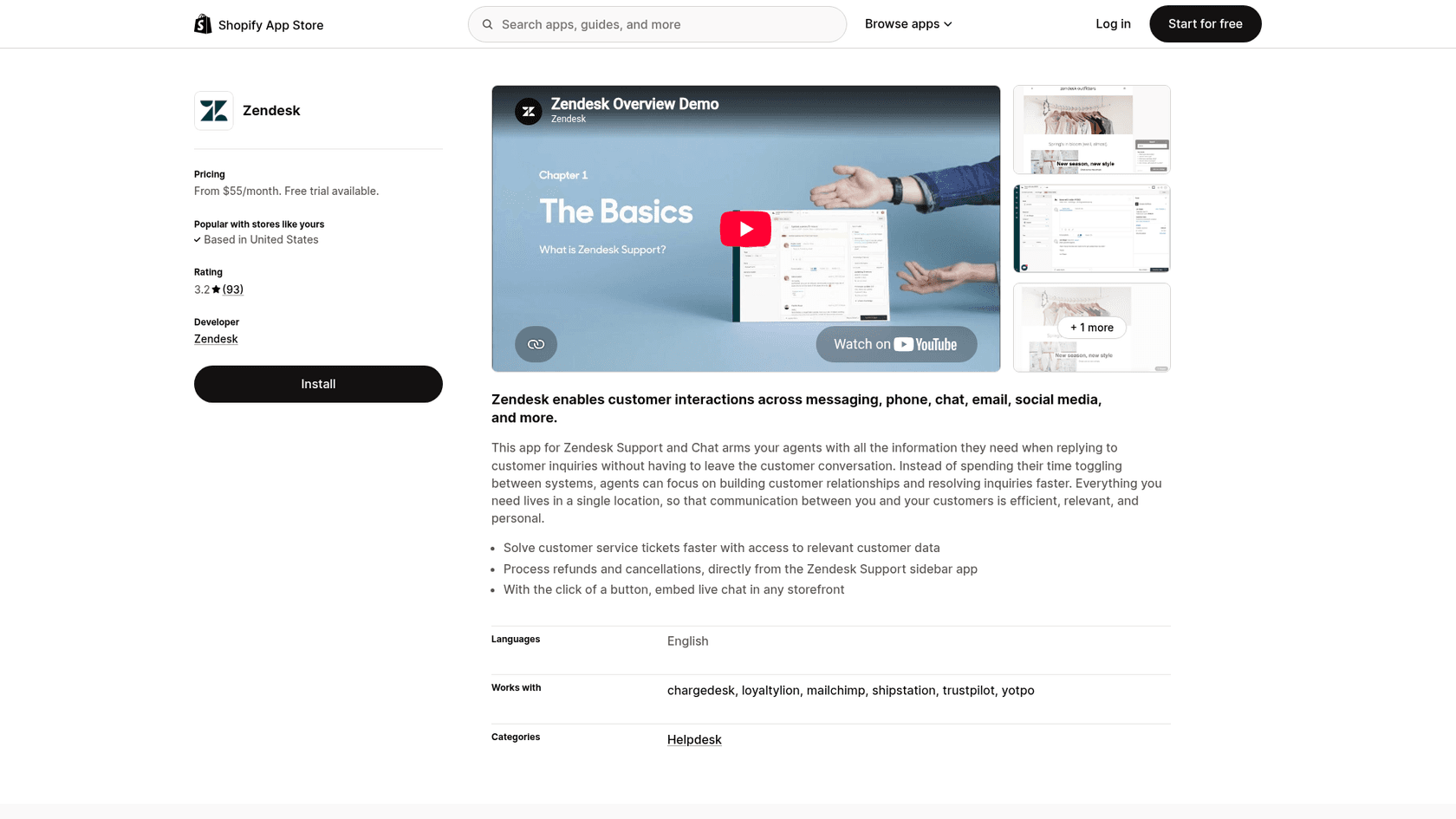 The Zendesk app listing in the Shopify App Store, where the connection starts, as taken from Shopify