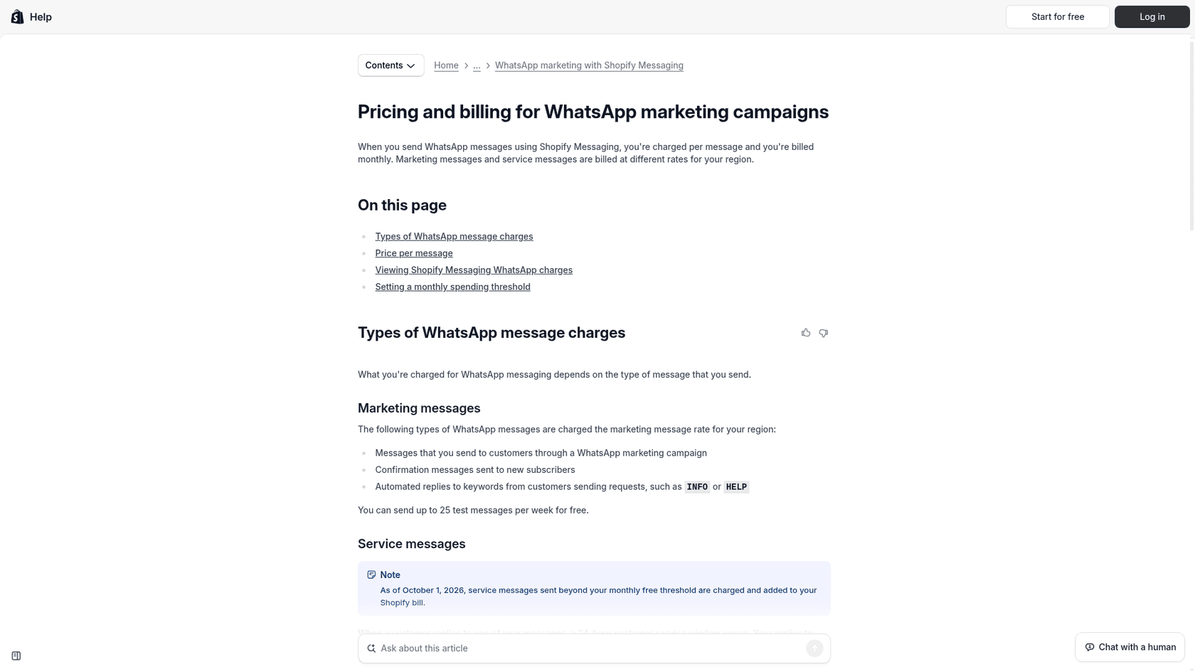 Shopify's WhatsApp pricing page noting that service messages beyond the monthly free threshold are charged from October 1, 2026, as taken from the Shopify Help Center