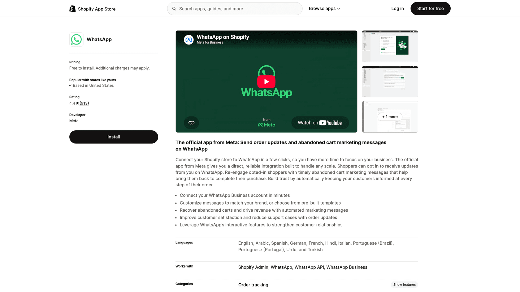 Meta's official WhatsApp app on the Shopify App Store, free to install, rated 4.4 from 913 reviews, as taken from the Shopify App Store