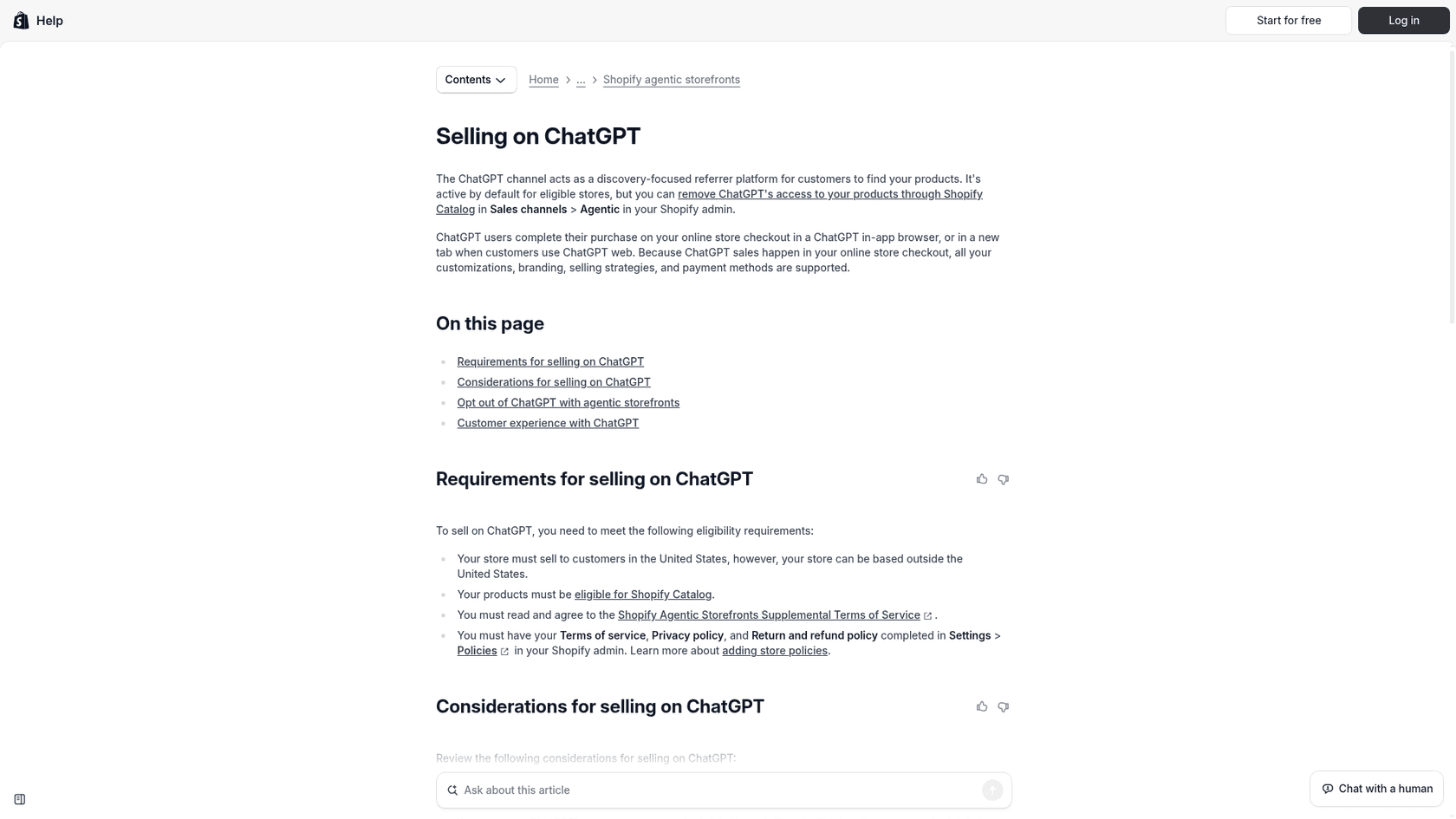 Shopify help page on selling on ChatGPT, describing the discovery-focused channel, as taken from the Shopify Help Center