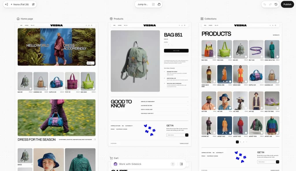 The Canvas overview showing the home page, product and collection templates of the demo store Vesna side by side, with the Work with Sidekick field at the bottom, as taken from the Shopify Help Center