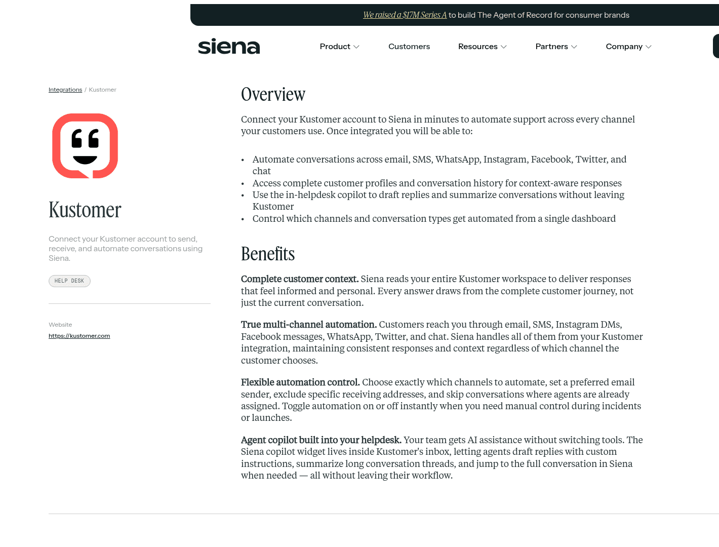 Siena AI's Kustomer integration page listing automation across email, SMS, WhatsApp, Instagram, Facebook, Twitter and chat, as taken from Siena