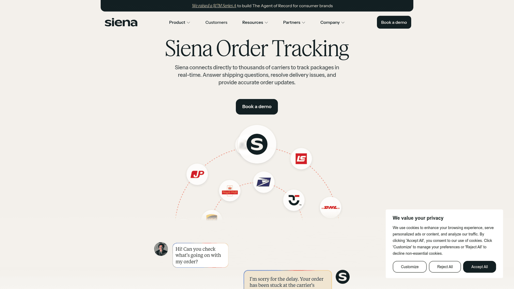 Siena Order Tracking page showing carrier connections and an order-status chat, as taken from Siena AI
