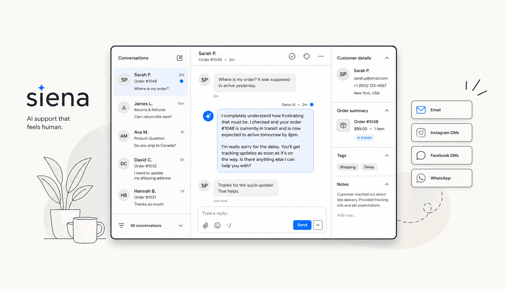 Siena AI review - editorial illustration of an ecommerce support dashboard with chat interfaces and brand-matched AI responses
