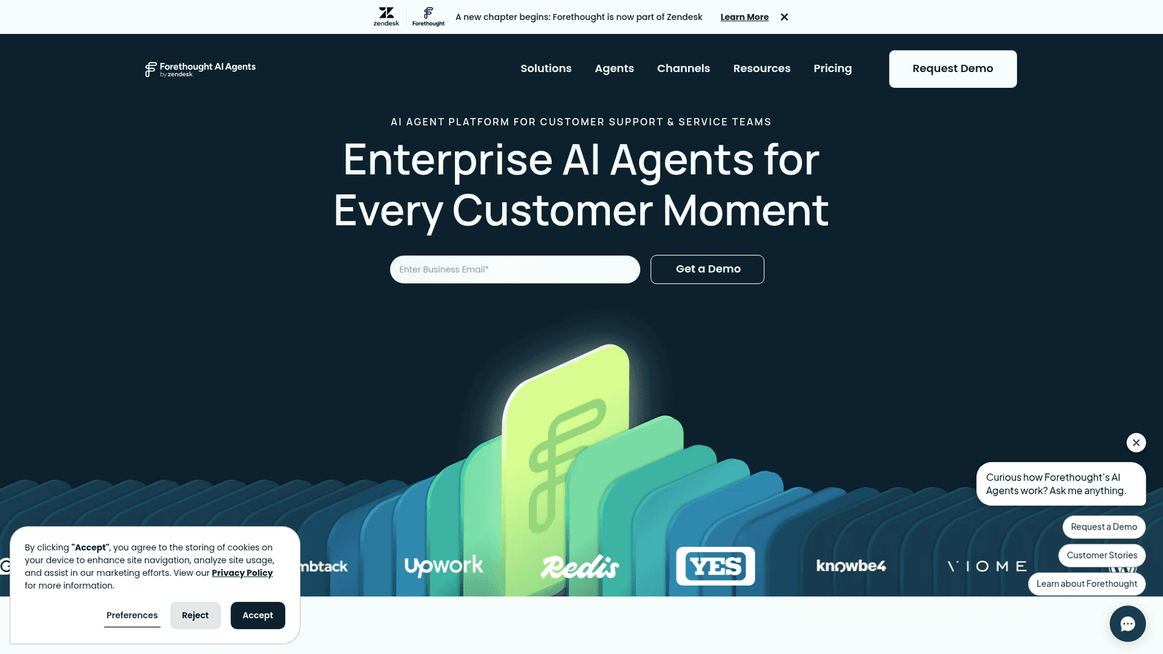 Forethought homepage showing AI agent platform for customer support and omnichannel autonomous resolution