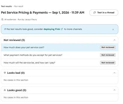 A HubSpot batch test run with answers sorted into Not reviewed, Looks bad and Looks good, as taken from HubSpot's knowledge base