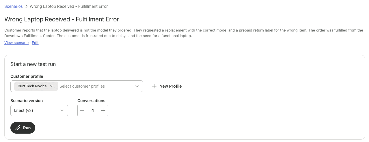Starting a new test run in the Zendesk conversation simulator, choosing a customer profile, scenario version and number of conversations, as taken from the Zendesk help center