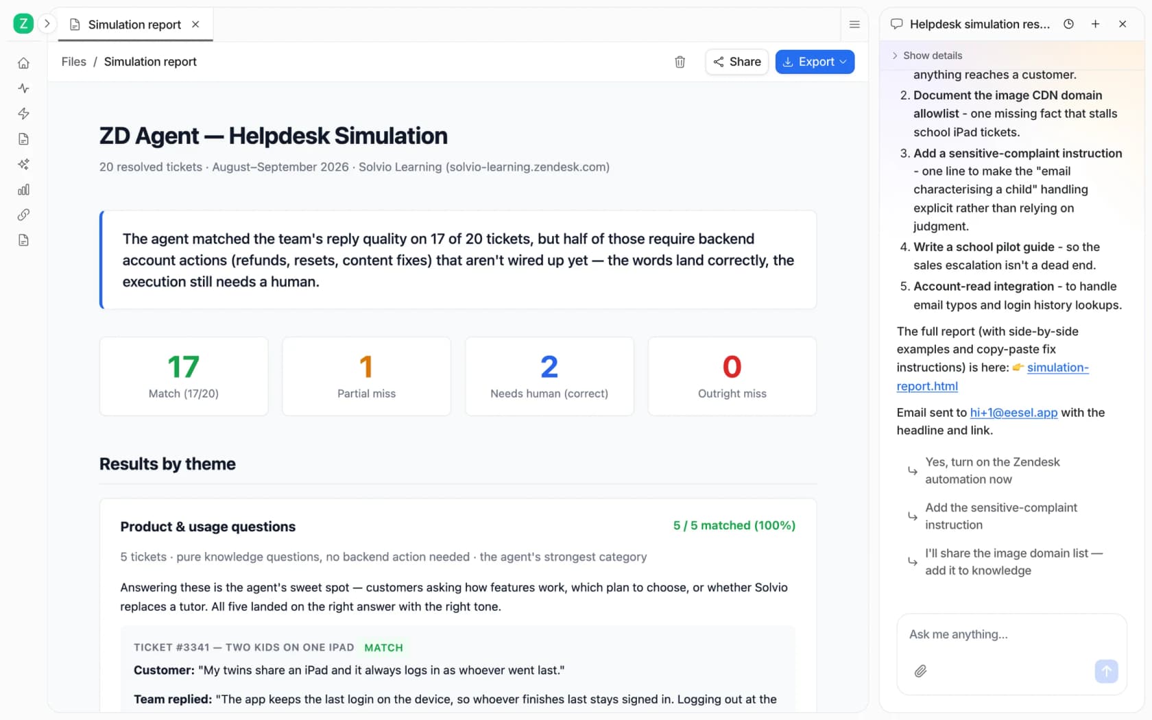 The eesel simulation report with 17 matches, 1 partial miss, 2 correctly handed to a human and 0 outright misses, plus results by theme