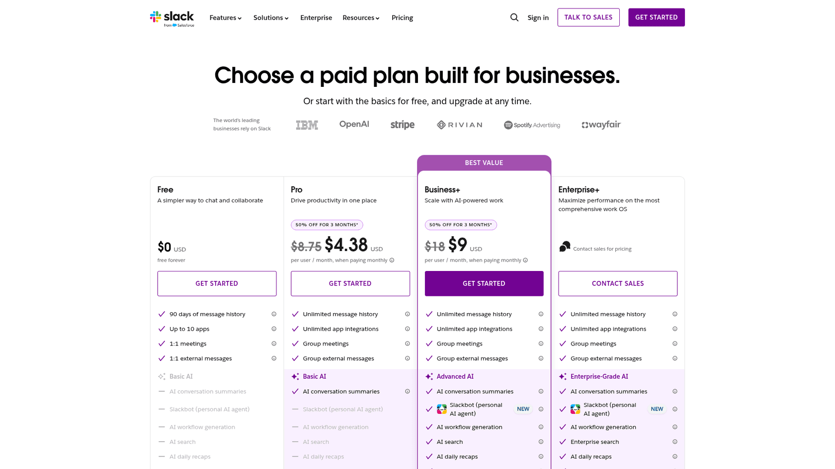 Slack's pricing page showing the Free, Pro, Business+, and Enterprise+ plans, as taken from Slack